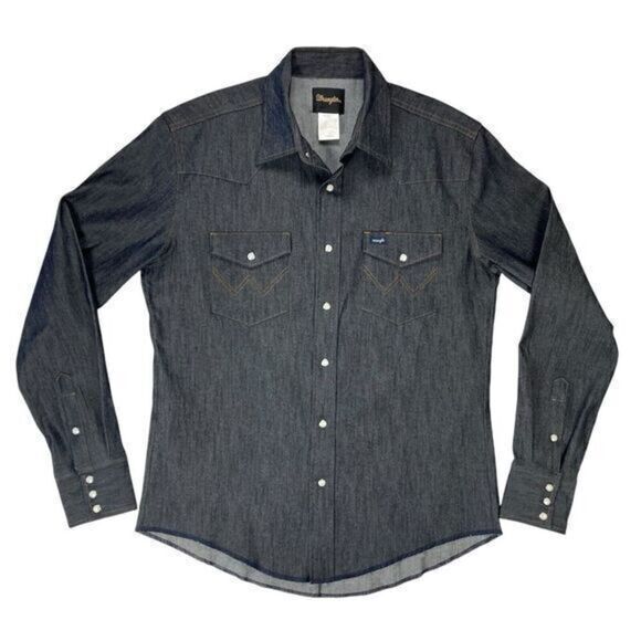Wrangler Denim Shirt Men Size XL Dark Blue Wash Western Cowboy Pearl Snap Button - Picture 1 of 16